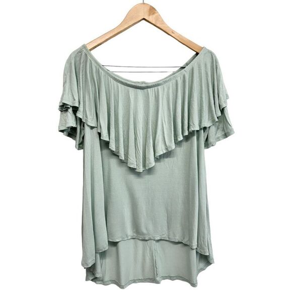 Free People Beach Off Shoulder Shirt Ruffle Green Pullover Size Large - Picture 1 of 8